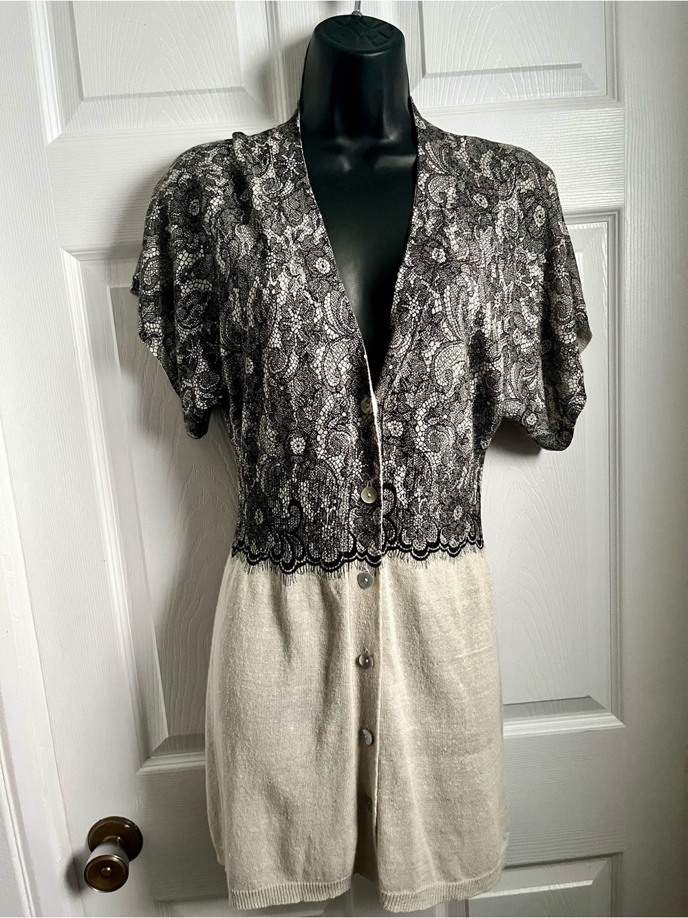 Mercer & Madison Linen Blend Black Lace Cream Knit Cardigan Dress Small V-Neck